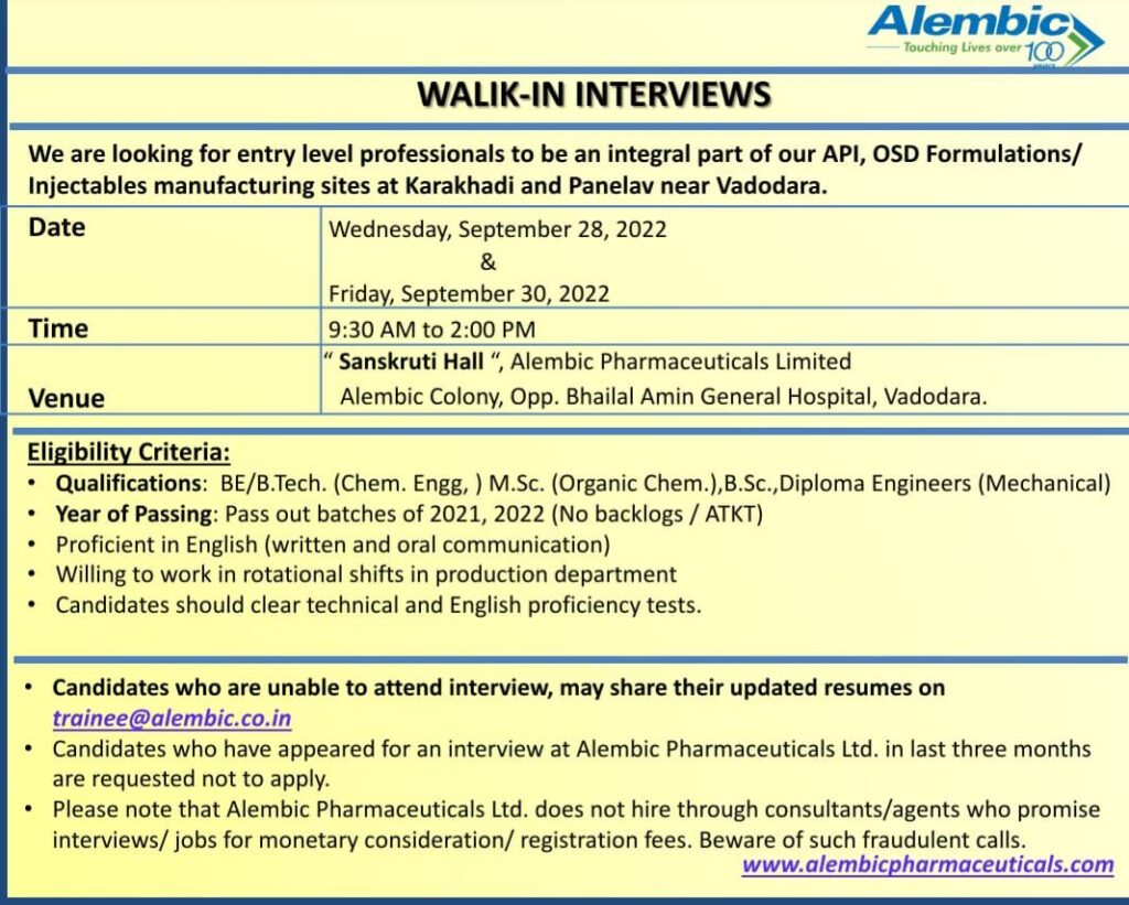 Vacancy for FRESHERS Alembic Pharmaceutical