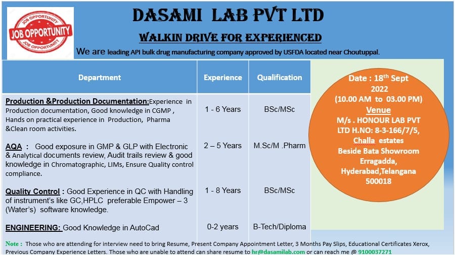 Multiple vacancies in Dasami Lab Pvt. Ltd for Freshers & Experienced candidate | Quality Control / Production / AQA / Production Documentation / Engineering