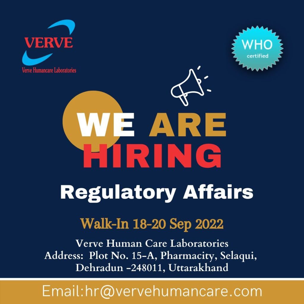 Vacancy in Verve Human Care Laboratories for Regulatory Affairs