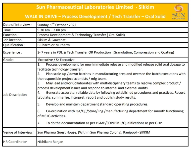 Vacancy in Sun Pharma Company 