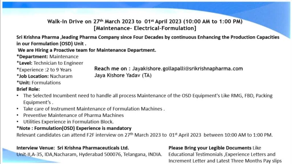 Multiple openings in Sri Krishna Pharma