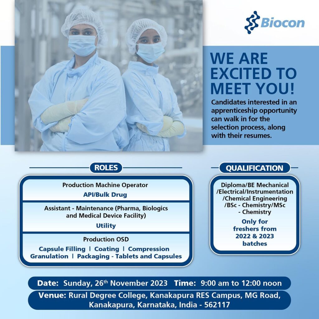 BIOCON – Walk-In Interviews on 26th Nov’ 2023 for B.Sc, M.Sc, B.E, Diploma Freshers