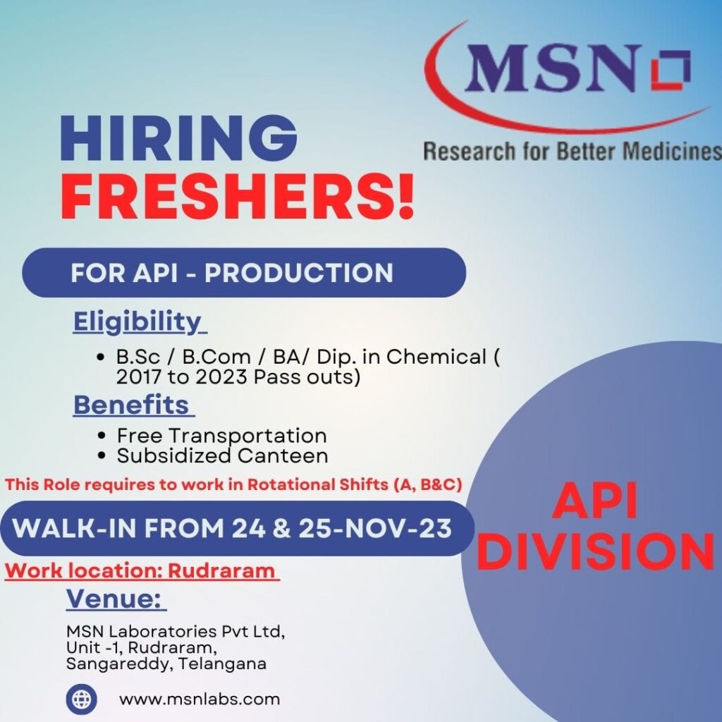 Freshers Walk-In Interviews on 24th & 25th Nov’ 2023 @ MSN Laboratories