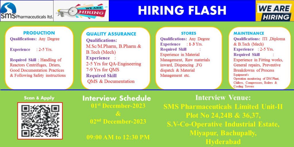 Walk-In Interview for Production / QA / Store / Maintenance on 1st & 2nd Dec’ 2023 @ SMS Pharmaceuticals Ltd