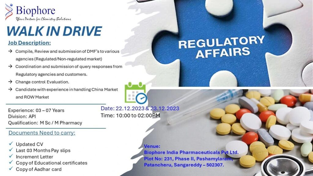 Biophore India – Walk-In Interview on 22nd & 23rd Dec’ 2023 for Regulatory Affairs