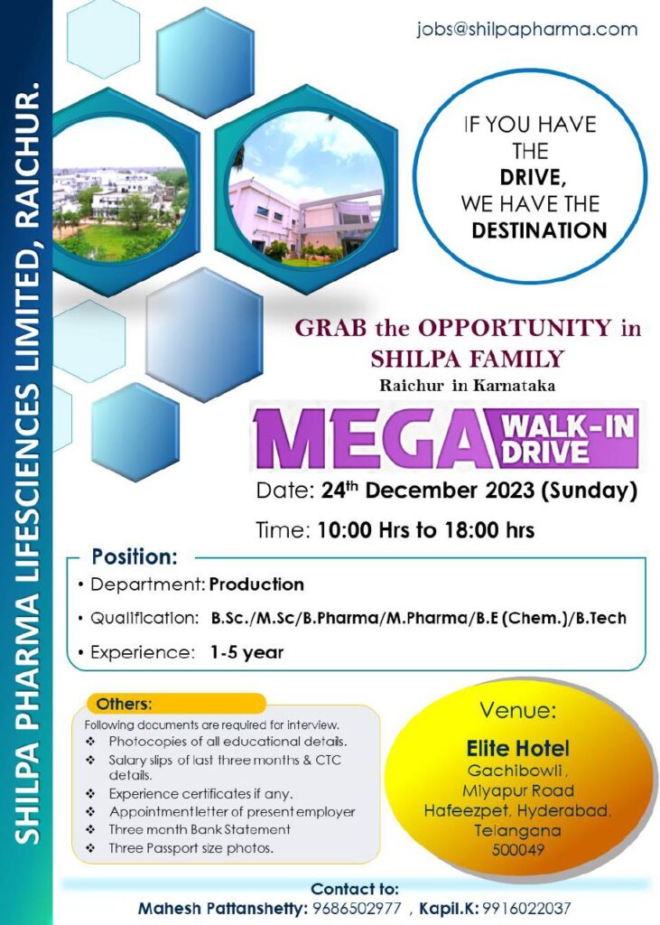 70+ Openings | Shilpa Pharma Life Sciences – Mega Walk-In Drive on 24th Dec’ 2023