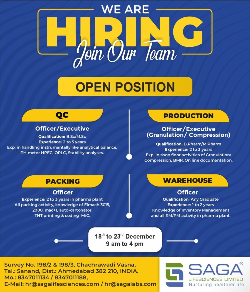 Saga Lifesciences Limited – Walk-Ins for Production / Packing / Warehouse / Quality Control on 18th – 23rd Dec’ 2023