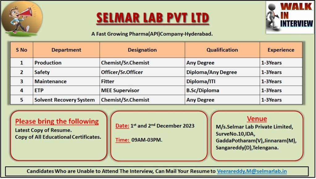 Selmar Lab Pvt. Ltd – Walk-In Interviews on 2nd Dec’ 2023 for Production / Safety / SRS / ETP / Maintenance