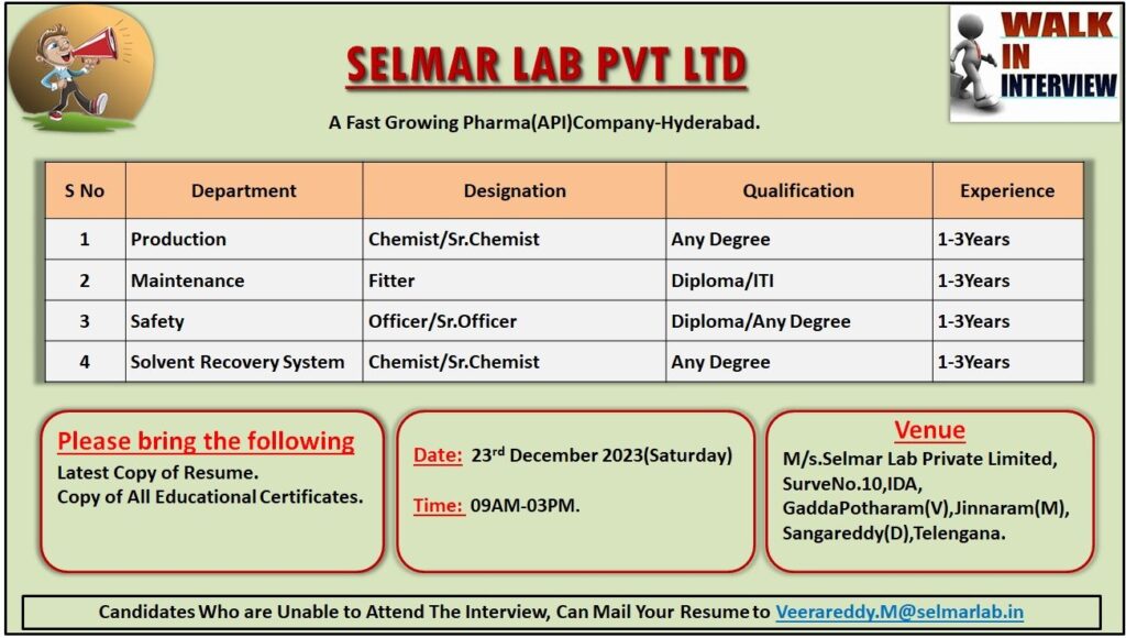 Selmar Lab Pvt. Ltd – Walk-Ins for Production / Safety / SRS / Maintenance on 23rd Dec’ 2023